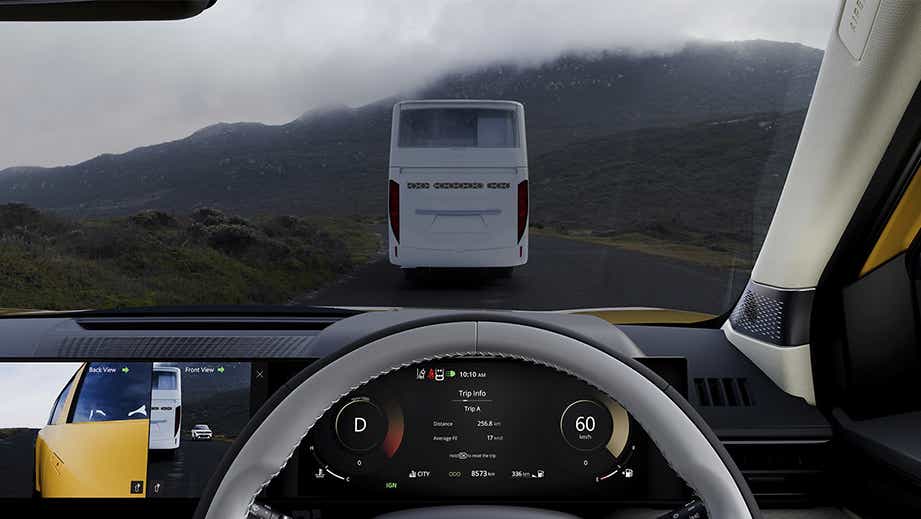 Dashboard and steering wheel view of a pure grey with dt Tata Sierra