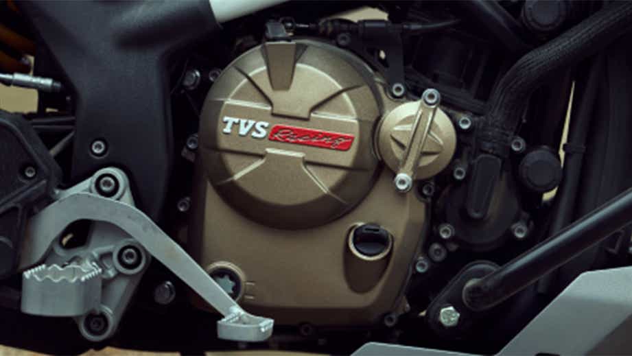 Engine close-up of a Tarn Bronze TVS Apache RTX