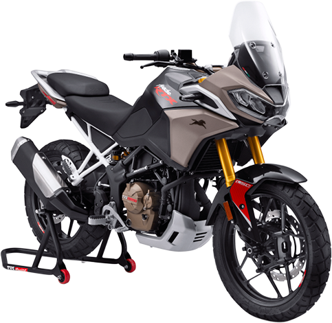 Front three-quarter of a Tarn Bronze TVS Apache RTX