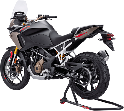 Rear three-quarter of a Tarn Bronze TVS Apache RTX