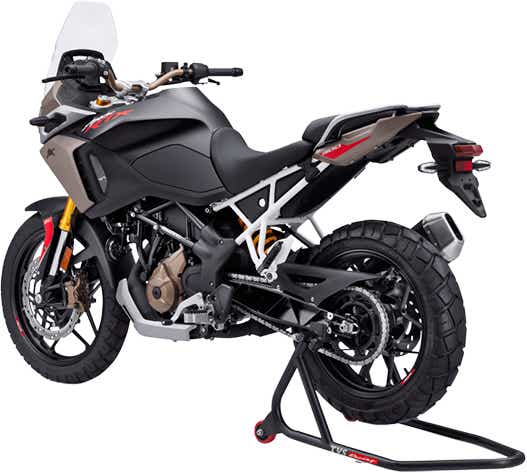 Rear three-quarter of a Tarn Bronze TVS Apache RTX