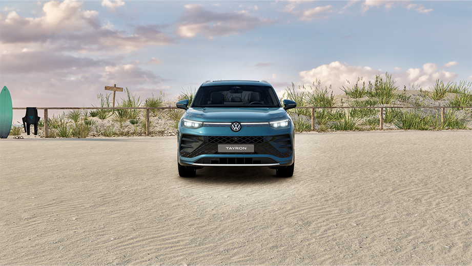 Front view of a Dolphin Grey Metallic Volkswagen Tayron