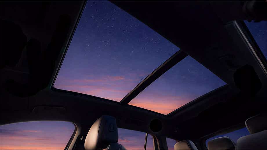 Panoramic sunroof interior view of a Volkswagen Tayron