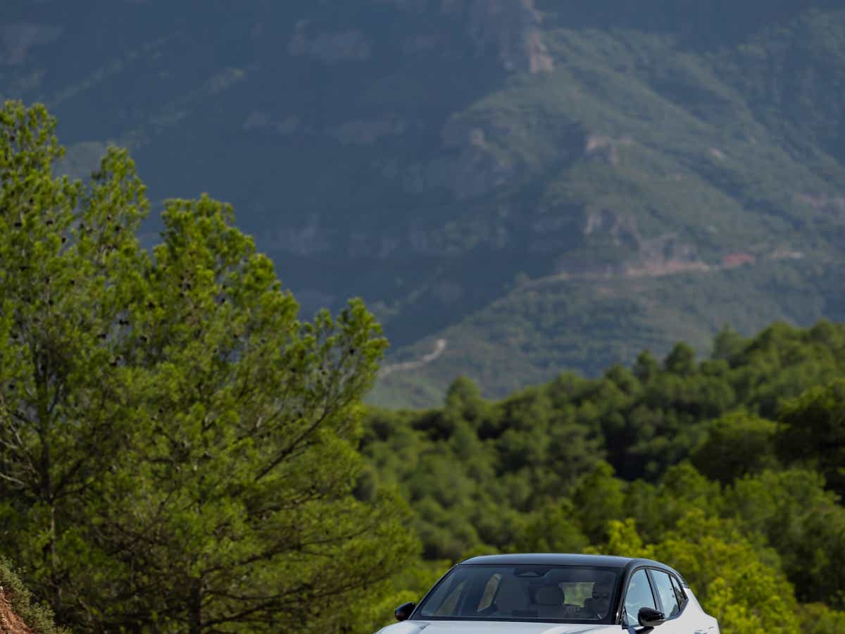 Front view of a Crystal White Volvo EX30