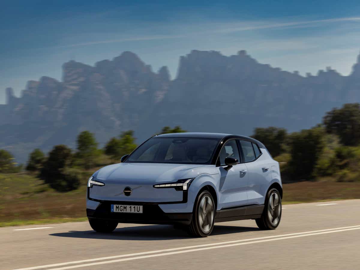 Front three-quarter view of a cold blue Volvo EX30