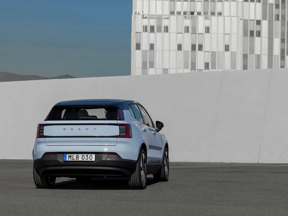 Rear view of a cold blue Volvo EX30