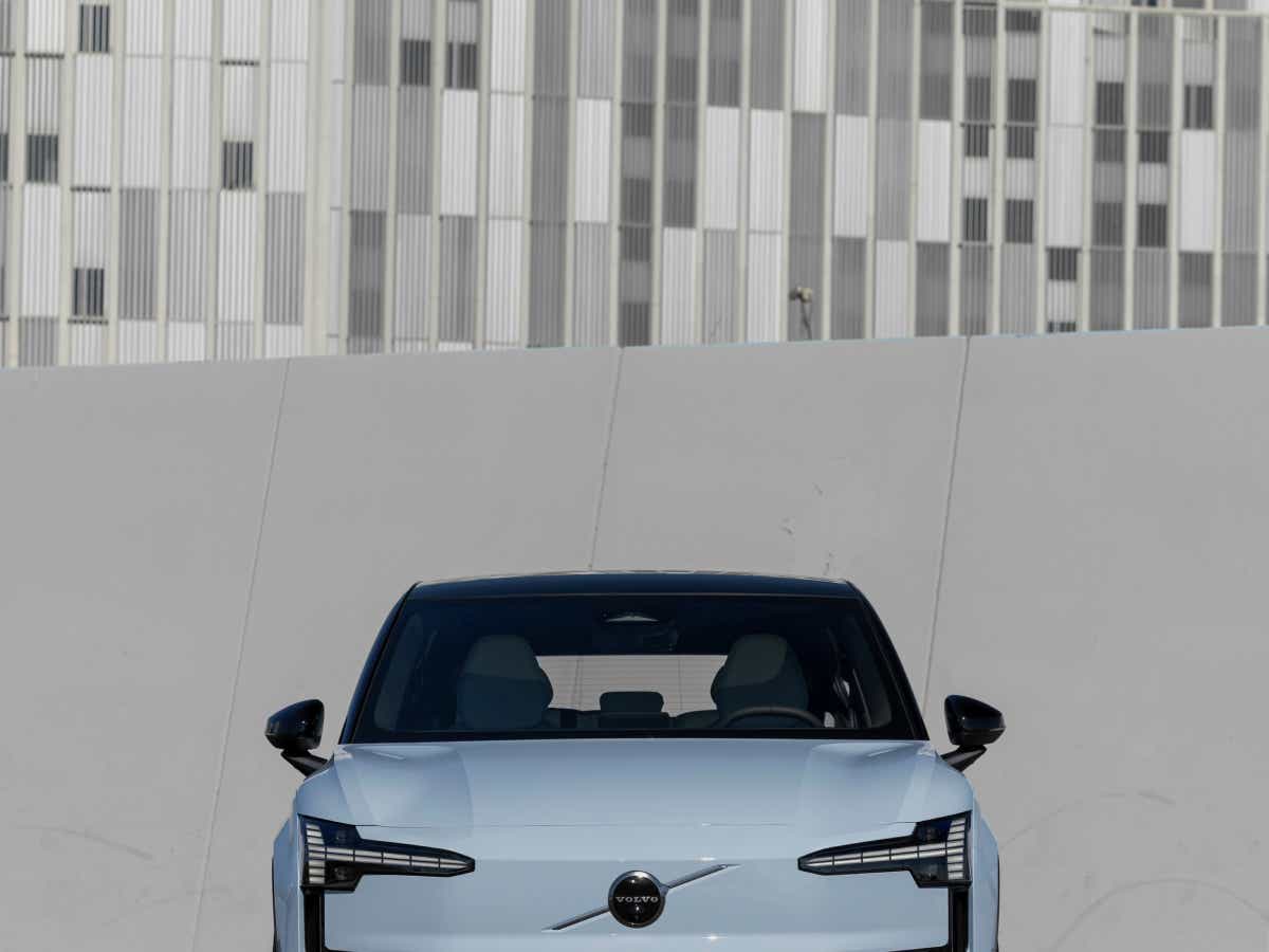 Front view of a Cold blue Volvo EX30