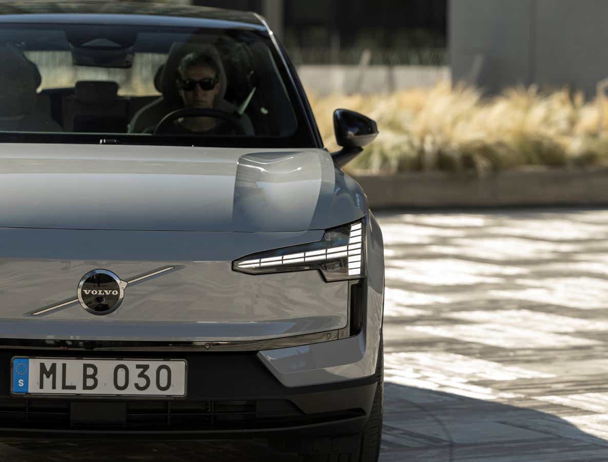 Front view of a Vapour Grey Volvo EX30