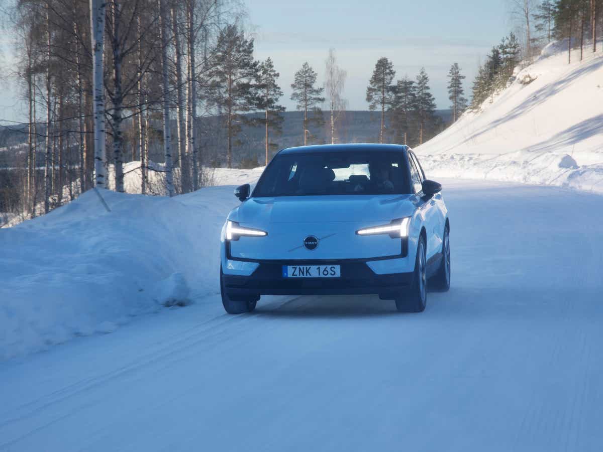 Front view of a cold blue Volvo EX30