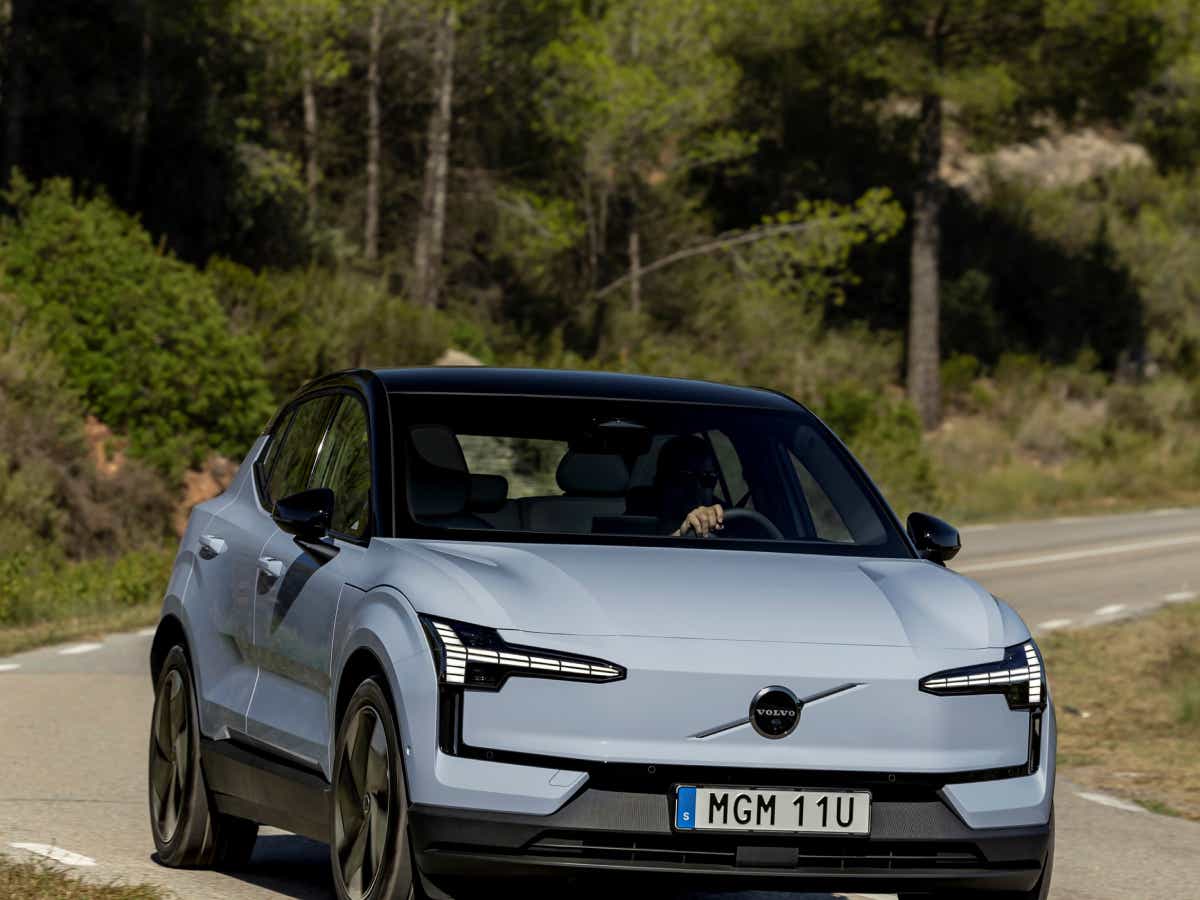 Front view of a cold blue Volvo EX30