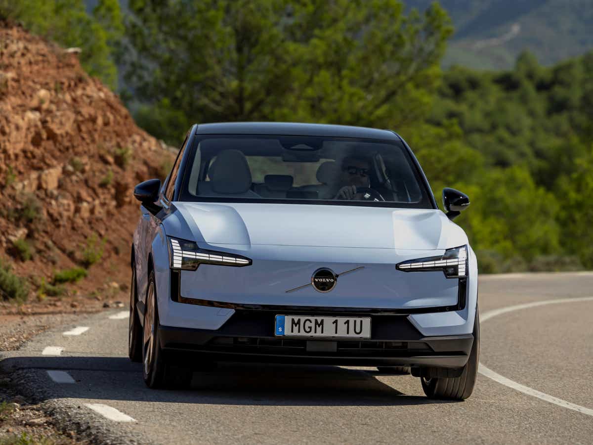 Front view of a cold blue Volvo EX30