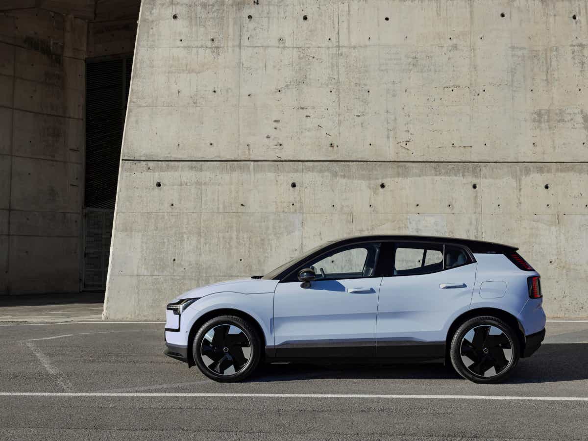 Side view of a cold blue Volvo EX30