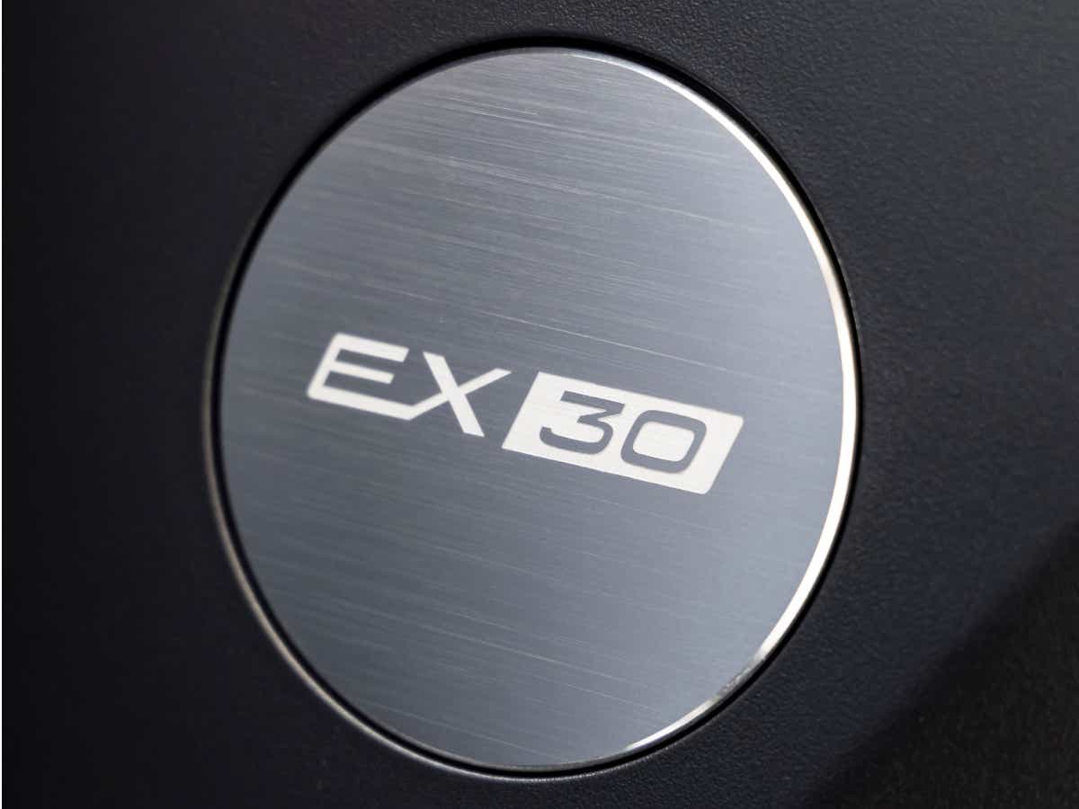 Detail badge view of a Volvo EX30