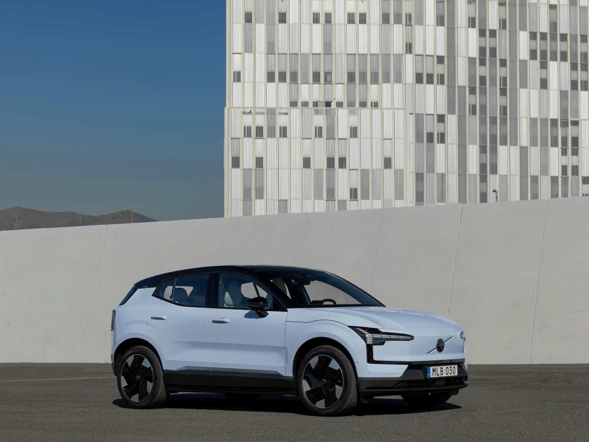 Side view of a cold blue Volvo EX30