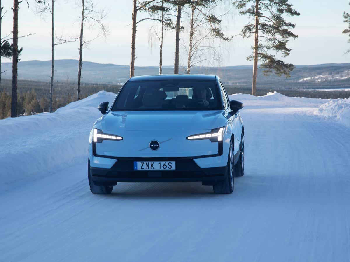 Front view of a Crystal White Volvo EX30