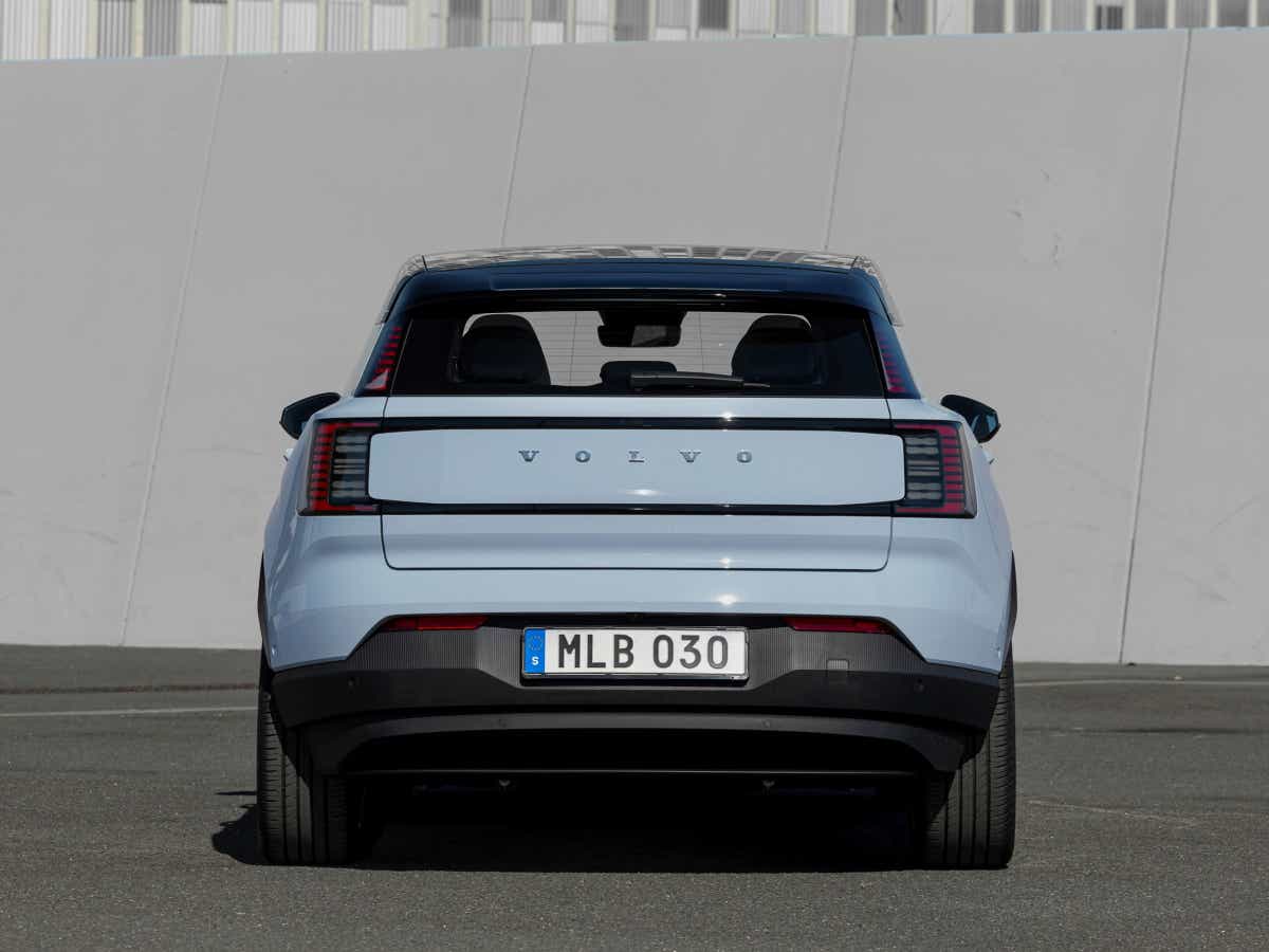 Rear view of a cold blue Volvo EX30