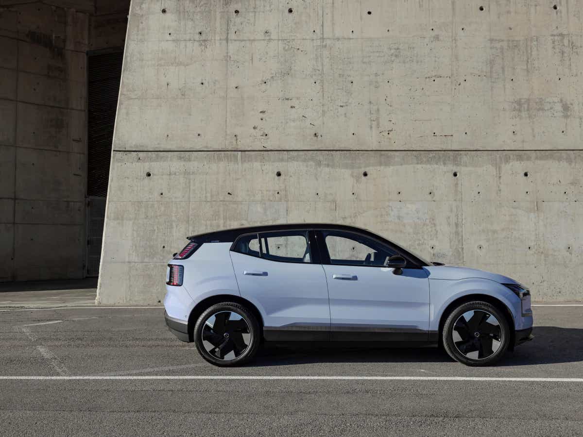 Side view of a cold blue Volvo EX30