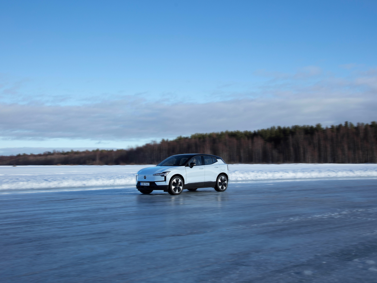 Side view of a cold blue Volvo EX30