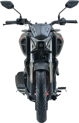 Front view of a metallic black Yamaha FZ Rave