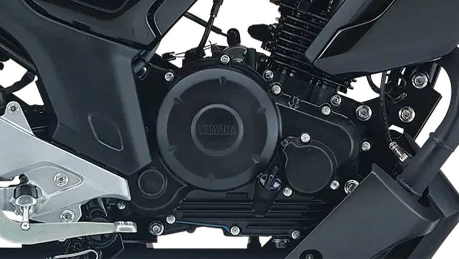 Engine close-up of a metallic black Yamaha FZ Rave