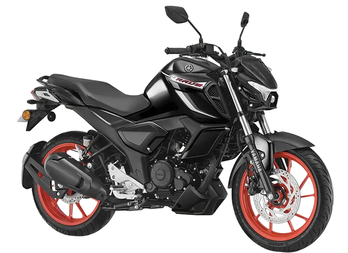 Side view of a metallic black Yamaha FZ Rave