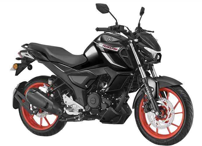 Side view of a metallic black Yamaha FZ Rave